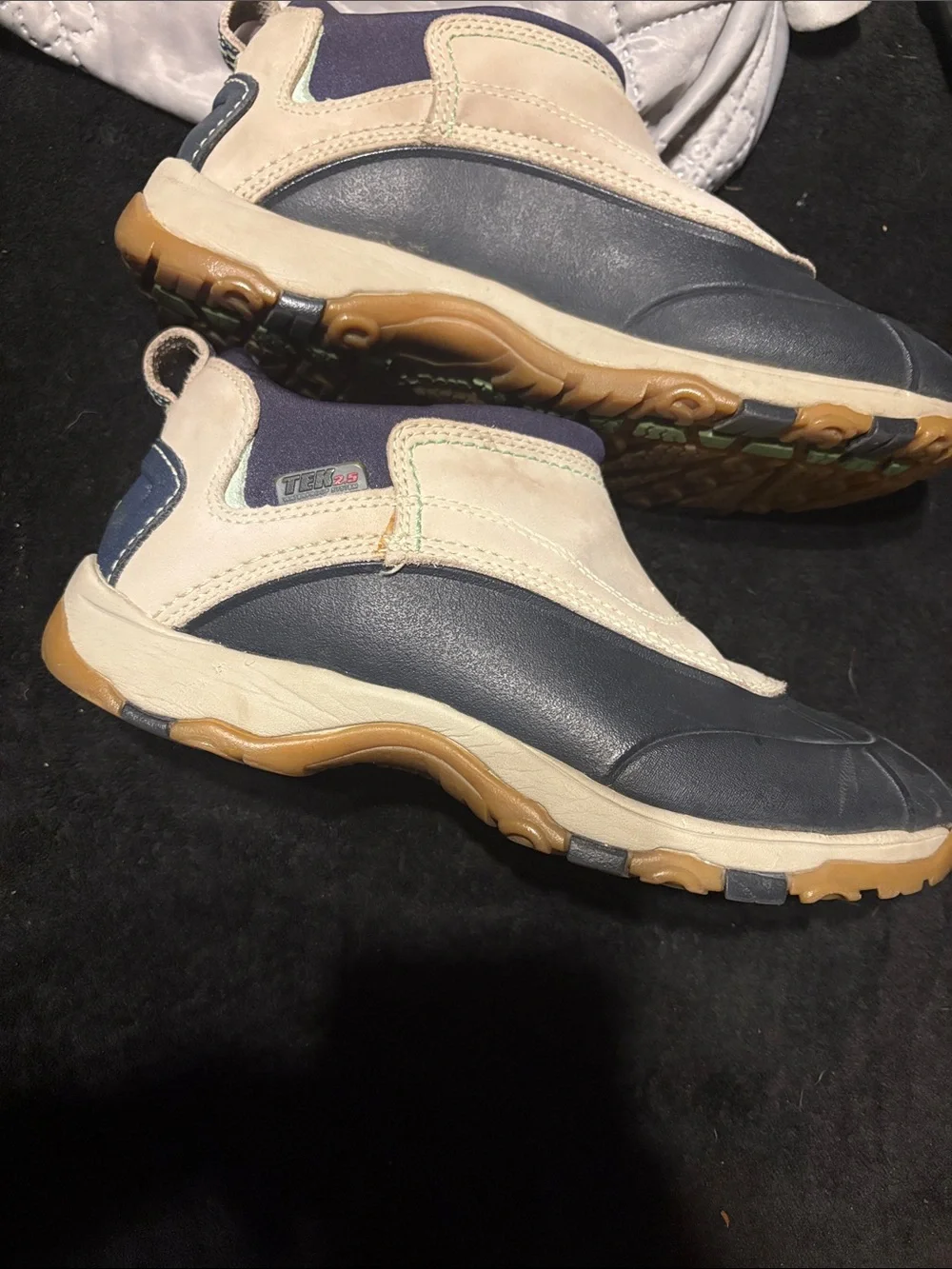 L.L. Bean Two-Tone Waterproof Slip-On Duck Boots in Navy and Cream